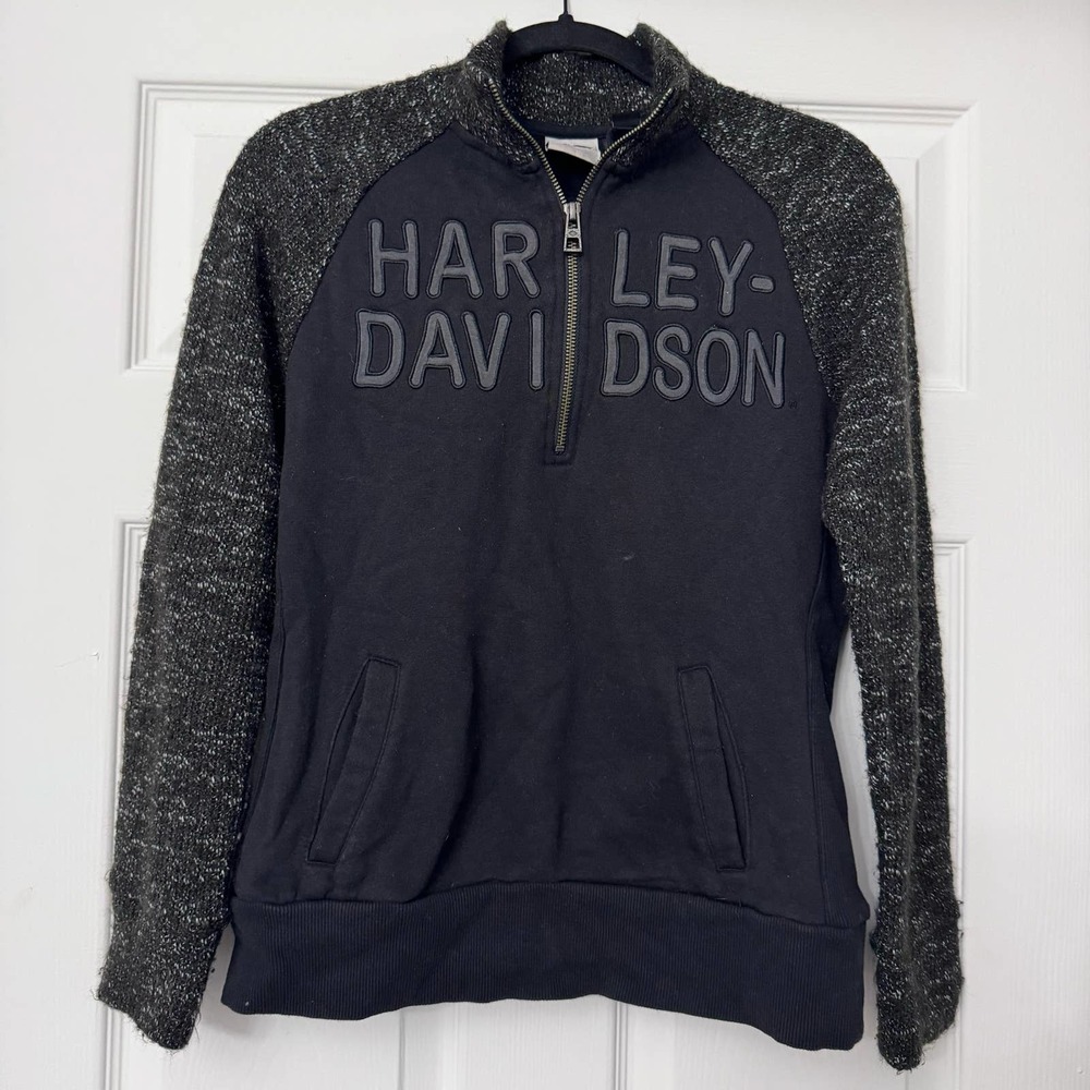 Harley Davidson Quarter Zip Marled Sleeve Sweater with Front Pockets